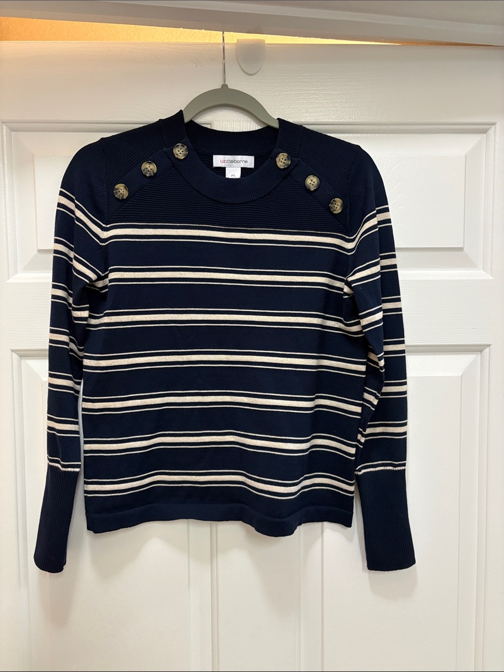 Liz Claiborne Navy and Cream Striped Shoulder-Button Sweater